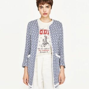 ZARA Jacket XS Viral Blue White Fringe Pockets Jacquard Mid Length Open